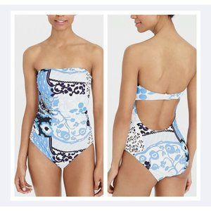 J. CREW BLUE PRINTED STRAPLESS ONE PIECE SWIMSUIT Size M New
